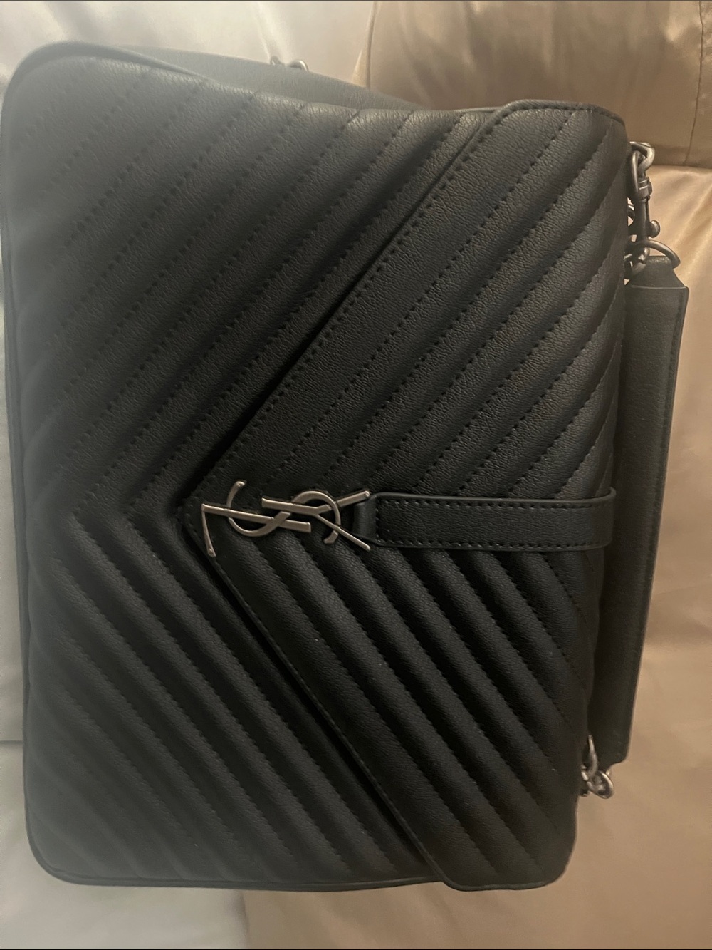 Saint Laurent Black Chevron Quilted Leather Laptop Bag with Matte Logo Strap